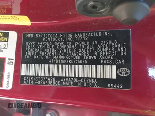 2019 Toyota Camry LE with VIN 4T1B11HK4KU725075, listed as a IAAI auction lot 41781275 with 156,856 mi miles and . Bid and sale history available at DreamBid. Image 9.