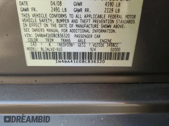 2008 Nissan Maxima 3.5 SE with VIN 1N4BA41E08C836320, listed as a Copart auction lot 68231284 with 142,370 mi miles and Salvage Title. Bid and sale history available at carsss.com. Image 12.