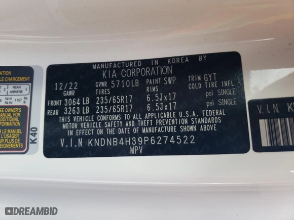 2023 Kia Carnival LX with VIN KNDNB4H39P6274522, listed as a Copart auction lot 71017644 with 37,168 mi miles and Salvage Title. Bid and sale history available at carsss.com. Image 15.