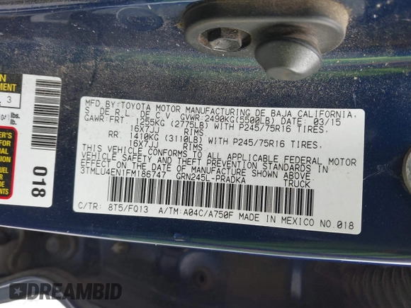 2015 Toyota Tacoma with VIN 3TMLU4EN1FM186747, listed as a IAAI auction lot 42493658 with 104,100 mi miles and . Bid and sale history available at DreamBid. Image 9.