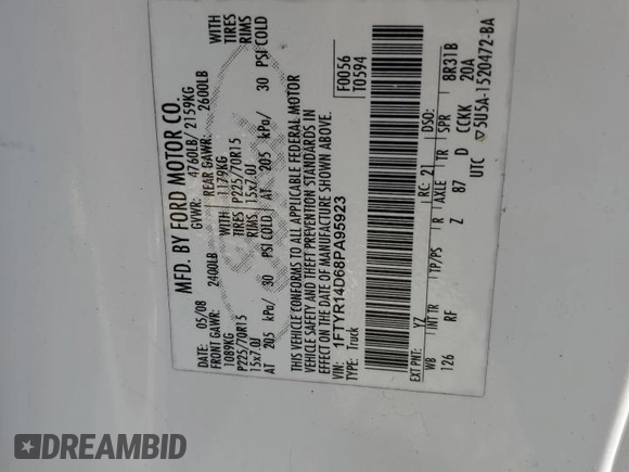 2008 Ford Ranger XL z VIN 1FTYR14D68PA95923, wystawiony jako Copart lot #80237794 z przebiegiem Nie podano mil oraz Szkoda całkowita • Salvage title. Historia ofert i sprzedaży dostępna na DreamBid. Obrazek 13.