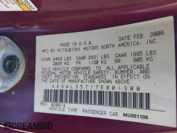 2007 Mitsubishi Eclipse GT with VIN 4A3AL35T17E001300, listed as a IAAI auction lot 41326985 with 92,396 mi miles and . Bid and sale history available at DreamBid. Image 9.