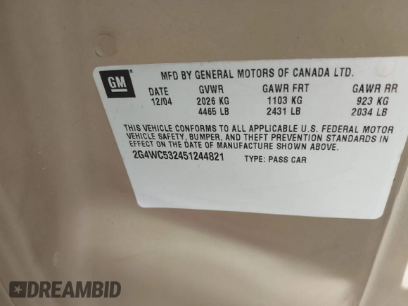 2005 Buick LaCrosse CX with VIN 2G4WC532451244821, listed as a IAAI auction lot 42204032 with 146,645 mi miles and . Bid and sale history available at DreamBid. Image 9.