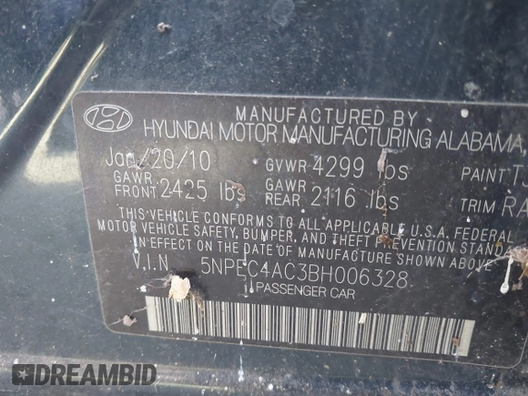 2011 Hyundai Sonata Limited with VIN 5NPEC4AC3BH006328, listed as a IAAI auction lot 41840020 with 136,964 mi miles and . Bid and sale history available at DreamBid. Image 9.