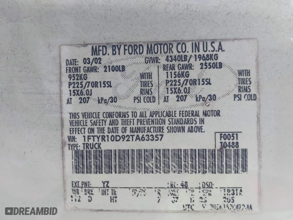 2002 Ford Ranger XL with VIN 1FTYR10D92TA63357, listed as a IAAI auction lot 41776435 with 201,380 mi miles. Bid and sale history available at carsss.com. Image 9.