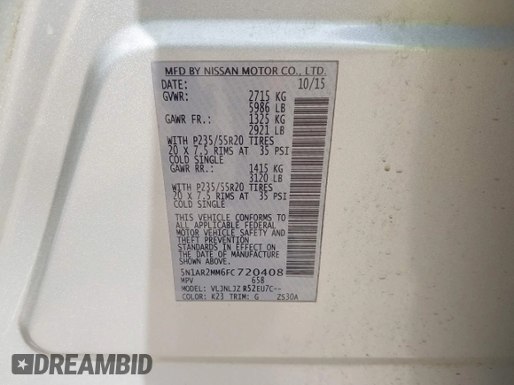 2015 Nissan Pathfinder S with VIN 5N1AR2MM6FC720408, listed as a IAAI auction lot 42752896 with 203,795 mi miles and . Bid and sale history available at DreamBid. Image 9.