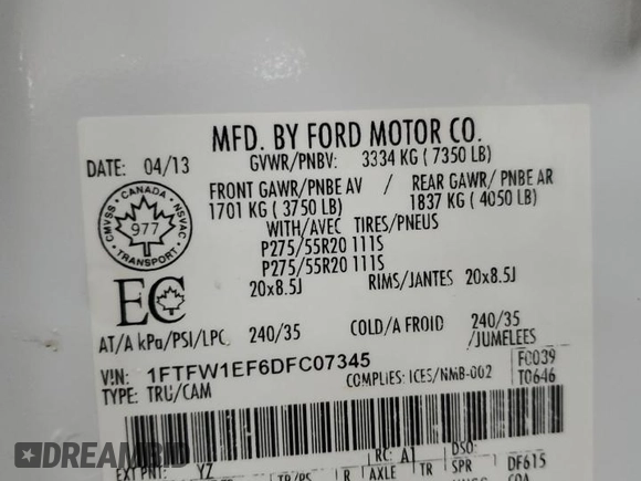 2013 Ford F-150 XL with VIN 1FTFW1EF6DFC07345, listed as a Copart auction lot 43151075 with 330,344 mi miles and Clean Title. Bid and sale history available at carsss.com. Image 13.