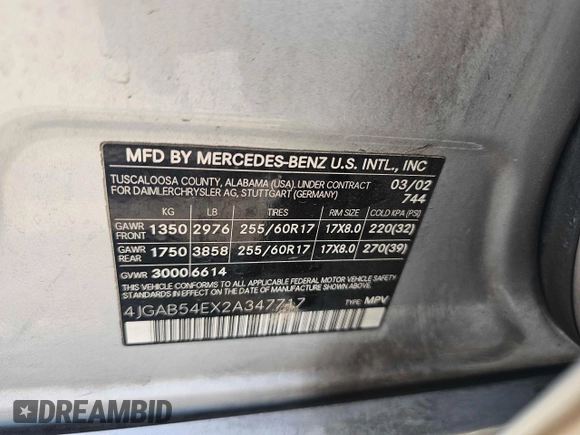 2002 Mercedes-Benz M-Class with VIN 4JGAB54EX2A347717, listed as a Copart auction lot 77914574 with 250,155 mi miles and Clean Title. Bid and sale history available at carsss.com. Image 10.