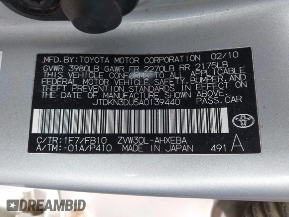 2010 Toyota Prius II with VIN JTDKN3DU5A0139440, listed as a IAAI auction lot 41798500 with 170,271 mi miles and . Bid and sale history available at DreamBid. Image 9.