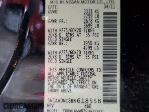 2011 Nissan Armada Platinum z VIN 5N1AA0NC8BN618558, wystawiony jako Copart lot #46445345 z przebiegiem 109 365 mil mil oraz Szkoda całkowita • Salvage title. Historia ofert i sprzedaży dostępna na DreamBid. Obrazek 14.