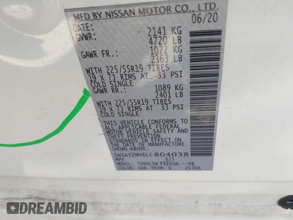 2020 Nissan Rogue S with VIN 5N1AT2MV6LC804038, listed as a IAAI auction lot 41757244 with 126,509 mi miles and . Bid and sale history available at DreamBid. Image 9.