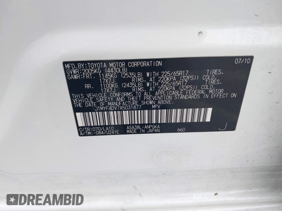 2010 Toyota RAV4 Limited with VIN JTMYF4DV7A5031877, listed as a IAAI auction lot 42382323 with 205,957 mi miles and . Bid and sale history available at DreamBid. Image 9.