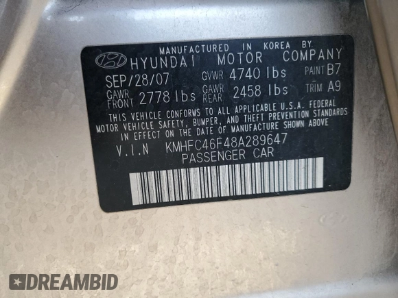 2008 Hyundai Azera Limited with VIN KMHFC46F48A289647, listed as a Copart auction lot 59970365 with 163,234 mi miles and Salvage title. Bid and sale history available at DreamBid. Image 13.