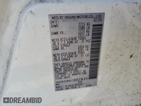2020 Nissan Pathfinder SL with VIN 5N1DR2CN4LC607835, listed as a Copart auction lot 56501165 with 128,743 mi miles and Salvage title. Bid and sale history available at DreamBid. Image 13.