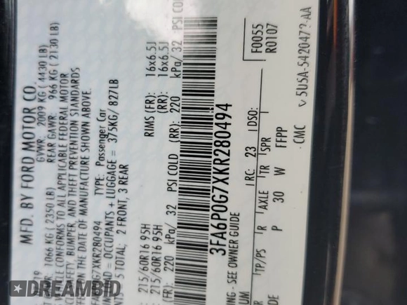 2019 Ford Fusion S with VIN 3FA6P0G7XKR280494, listed as a Copart auction lot 44784595 with 95,821 mi miles and Salvage Title. Bid and sale history available at DreamBid. Image 12.
