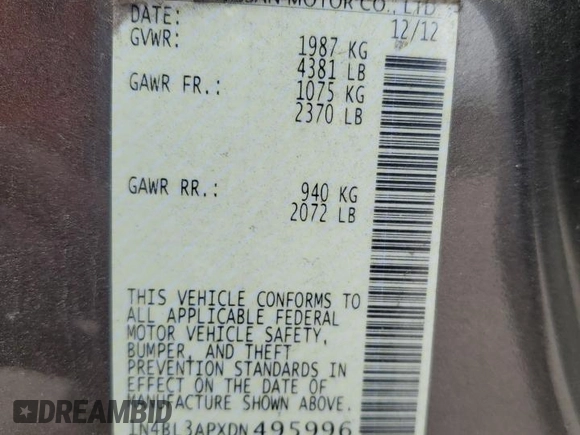 2013 Nissan Altima SV with VIN 1N4BL3APXDN495996, listed as a Copart auction lot 49143575 with 123,445 mi miles and Salvage Title. Bid and sale history available at DreamBid. Image 12.