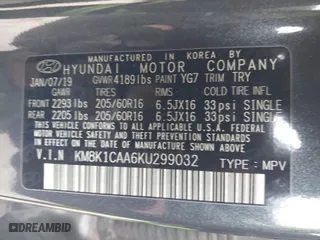 2019 Hyundai Kona SE with VIN KM8K1CAA6KU299032, listed as a IAAI auction lot 40973955 with 118,789 mi miles. Bid and sale history available at carsss.com. Image 9.