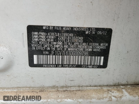 2013 Subaru WRX WRX with VIN JF1GV7E63DG009798, listed as a Copart auction lot 88509795 with 99,009 mi miles and Salvage title. Bid and sale history available at DreamBid. Image 12.