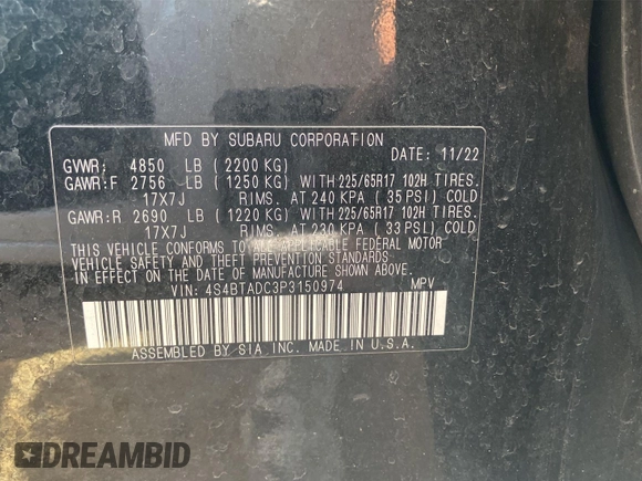 2023 Subaru Outback Premium with VIN 4S4BTADC3P3150974, listed as a IAAI auction lot 42671359 with 73,498 mi miles and . Bid and sale history available at DreamBid. Image 20.