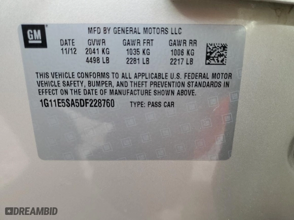2013 Chevrolet Malibu LT with VIN 1G11E5SA5DF228760, listed as a Copart auction lot 49577344 with 104,386 mi miles and Salvage Title. Bid and sale history available at carsss.com. Image 14.
