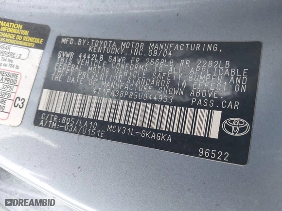 2005 Toyota Camry Solara SE with VIN 4T1FA38P85U044933, listed as a IAAI auction lot 41605675 with 250,942 mi miles. Bid and sale history available at carsss.com. Image 9.
