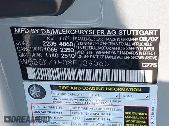 2008 Mercedes-Benz SL 550 with VIN WDBSK71F08F139065, listed as a IAAI auction lot 42756170 with 139,732 mi miles and . Bid and sale history available at DreamBid. Image 9.