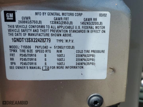 2002 Chevrolet TrailBlazer LTZ with VIN 1GNDT13SX22428779, listed as a Copart auction lot 63074454 with NaN miles and Non Repairable. Bid and sale history available at carsss.com. Image 13.