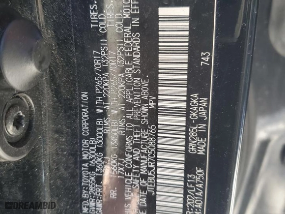 2012 Toyota 4Runner SR5 with VIN JTEBU5JR7C5088765, listed as a Copart auction lot 87500215 with 0 mi miles and Salvage Title. Bid and sale history available at carsss.com. Image 14.
