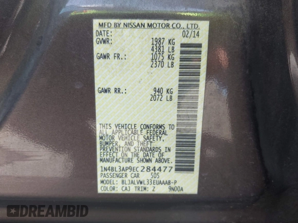2014 Nissan Altima SL with VIN 1N4BL3AP9EC284477, listed as a IAAI auction lot 41403427 with 100,437 mi miles and . Bid and sale history available at DreamBid. Image 9.