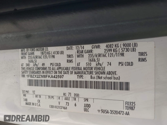 2015 Ford Transit XL with VIN 1FBZX2ZM8FKA42597, listed as a IAAI auction lot 42241346 with 195,673 mi miles and . Bid and sale history available at DreamBid. Image 9.
