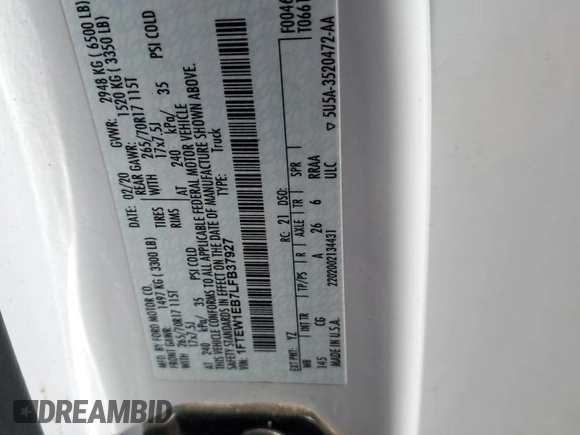 2020 Ford F-150 XL with VIN 1FTEW1EB7LFB37927, listed as a Copart auction lot 58146935 with 70,273 mi miles and Salvage title. Bid and sale history available at DreamBid. Image 12.