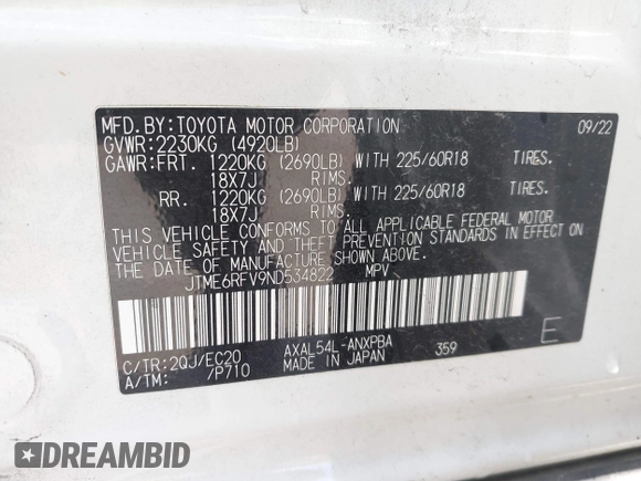 2022 Toyota RAV4 Hybrid XSE with VIN JTME6RFV9ND534822, listed as a IAAI auction lot 42477646 with 49,991 mi miles and . Bid and sale history available at DreamBid. Image 9.