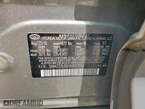 2017 Hyundai Santa Fe 2.4L with VIN 5NMZT3LB1HH010884, listed as a Copart auction lot 59098695 with 81,331 mi miles and Salvage title. Bid and sale history available at DreamBid. Image 13.