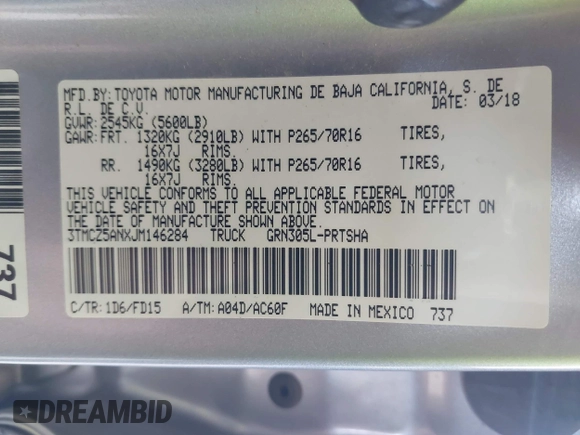 2018 Toyota Tacoma SR with VIN 3TMCZ5ANXJM146284, listed as a IAAI auction lot 42041525 with 103,143 mi miles and . Bid and sale history available at DreamBid. Image 9.