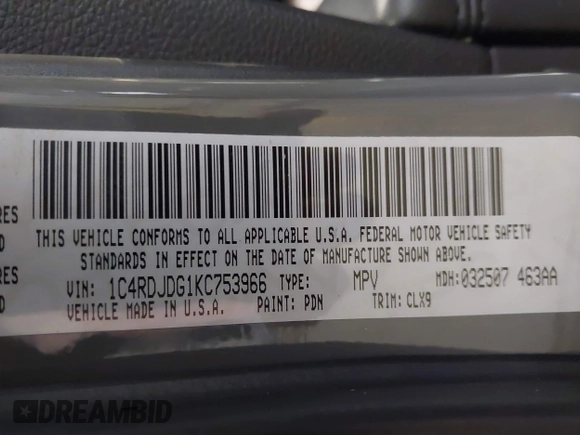 2019 Dodge Durango GT Plus with VIN 1C4RDJDG1KC753966, listed as a IAAI auction lot 41207930 with Not Provided miles and . Bid and sale history available at DreamBid. Image 9.