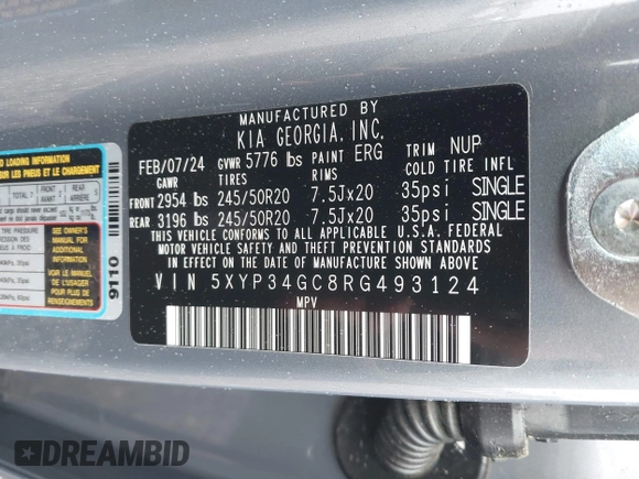 2024 Kia Telluride EX with VIN 5XYP34GC8RG493124, listed as a IAAI auction lot 42438819 with 20,320 mi miles and . Bid and sale history available at DreamBid. Image 9.