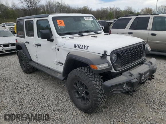 2024 Jeep Wrangler Willys with VIN 1C4PJXDG5RW350147, listed as a Copart auction lot 50164515 with 2,394 mi miles and Salvage title. Bid and sale history available at DreamBid. Image 4.