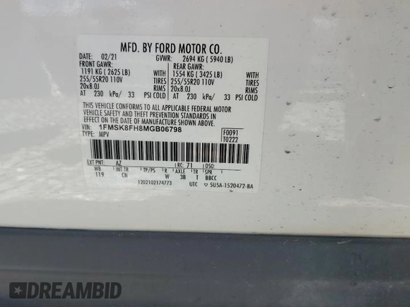 2021 Ford Explorer Limited z VIN 1FMSK8FH8MGB06798, wystawiony jako Copart lot #64970105 z przebiegiem 77 087 mil mil oraz Szkoda całkowita • Salvage title. Historia ofert i sprzedaży dostępna na DreamBid. Obrazek 14.