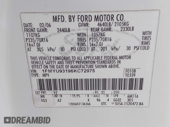 2006 Ford Escape XLT with VIN 1FMYU93196KC72975, listed as a IAAI auction lot 42088686 with 75,440 mi miles and . Bid and sale history available at DreamBid. Image 9.