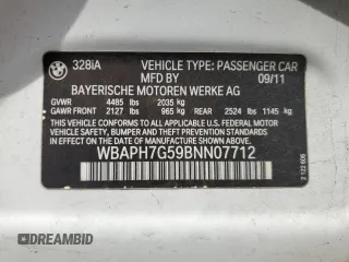 2011 BMW 3 Series 328i with VIN WBAPH7G59BNN07712, listed as a Copart auction lot 53477955 with 88,400 mi miles and Salvage Title. Bid and sale history available at carsss.com. Image 12.