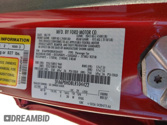 2020 Ford Fusion SE z VIN 3FA6P0HD8LR104422, wystawiony jako IAAI lot #42092244 z przebiegiem 55 438 mil mil oraz . Historia ofert i sprzedaży dostępna na DreamBid. Obrazek 9.