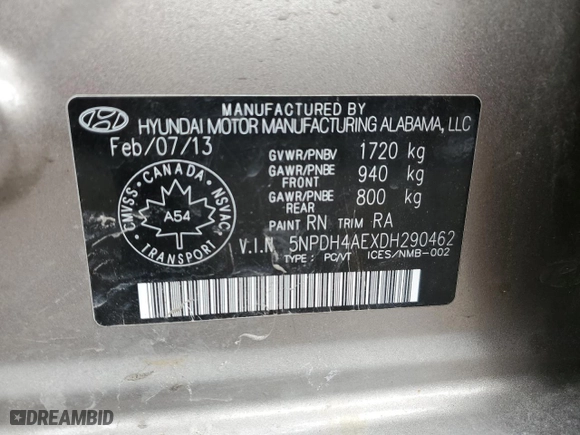 2013 Hyundai Elantra GLS PZEV with VIN 5NPDH4AEXDH290462, listed as a Copart auction lot 50045275 with 162,585 mi miles and Clean Title. Bid and sale history available at carsss.com. Image 12.