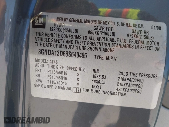 2008 Chevrolet HHR LS with VIN 3GNDA13D68S640485, listed as a IAAI auction lot 41994948 with 174,856 mi miles and . Bid and sale history available at DreamBid. Image 9.
