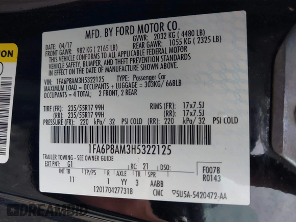 2017 Ford Mustang V6 с VIN 1FA6P8AM3H5322125, выставлен на аукционе IAAI как лот 42183698 с пробегом 55 365 миль миль и . История ставок и продаж доступна на DreamBid. Изображение 9.
