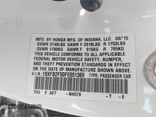 2015 Honda Civic LX with VIN 19XFB2F50FE051369, listed as a IAAI auction lot 41822555 with 87,523 mi miles. Bid and sale history available at carsss.com. Image 9.