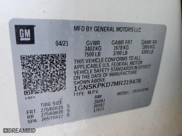 2021 Chevrolet Tahoe Z71 with VIN 1GNSKPKD7MR319478, listed as a Copart auction lot 44708925 with 0 mi miles and Salvage Title. Bid and sale history available at carsss.com. Image 15.
