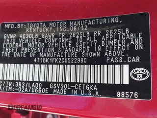 2012 Toyota Camry SE with VIN 4T1BK1FK2CU522980, listed as a IAAI auction lot 42048620 with 262,190 mi miles. Bid and sale history available at carsss.com. Image 9.