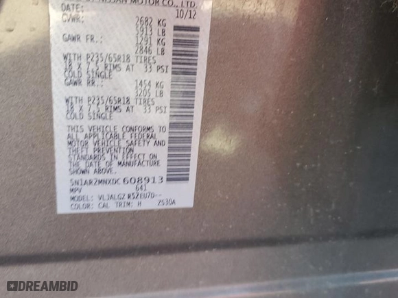 2013 Nissan Pathfinder SL with VIN 5N1AR2MNXDC608913, listed as a Copart auction lot 49317745 with 200,721 mi miles and Salvage Title. Bid and sale history available at carsss.com. Image 13.