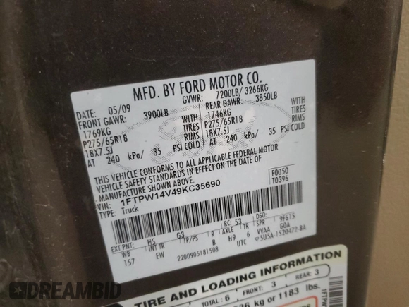 2009 Ford F-150 XL with VIN 1FTPW14V49KC35690, listed as a Copart auction lot 50414375 with 291,499 mi miles and Non repairable. Bid and sale history available at DreamBid. Image 12.