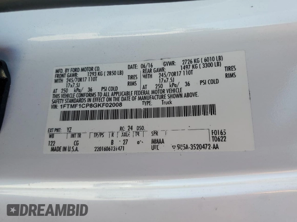 2016 Ford F-150 XL with VIN 1FTMF1CP8GKF02008, listed as a Copart auction lot 82968324 with 69,840 mi miles and Salvage Title. Bid and sale history available at carsss.com. Image 12.